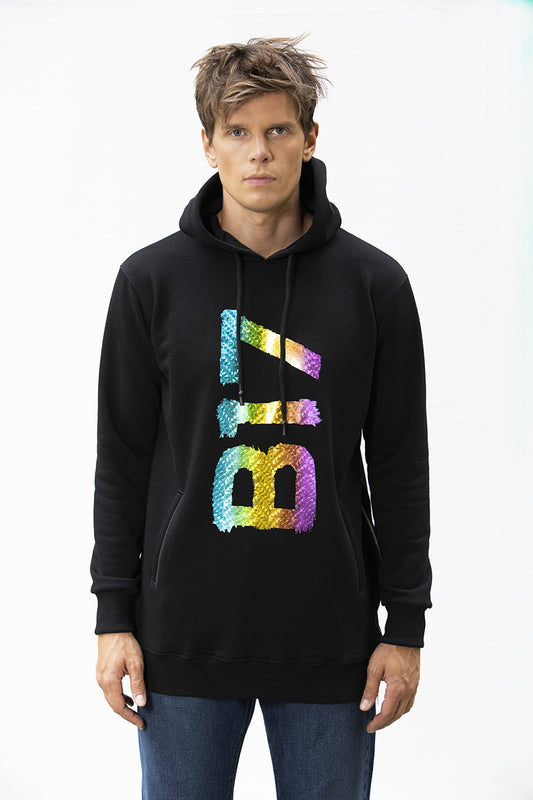 Felpa lunga con cappuccio e tasche