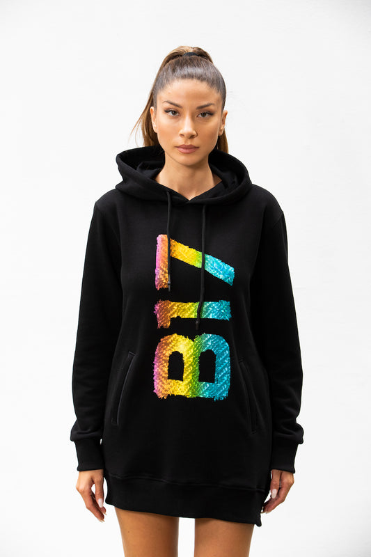 Felpa lunga con cappuccio e tasche