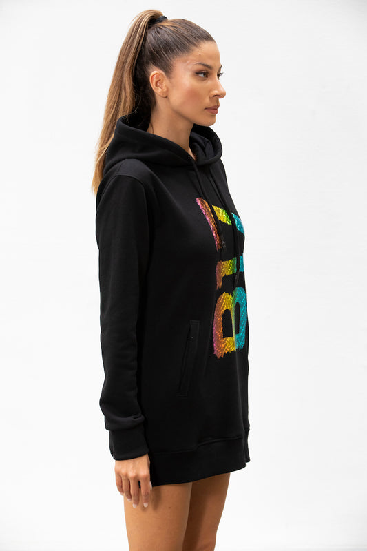 Felpa lunga con cappuccio e tasche